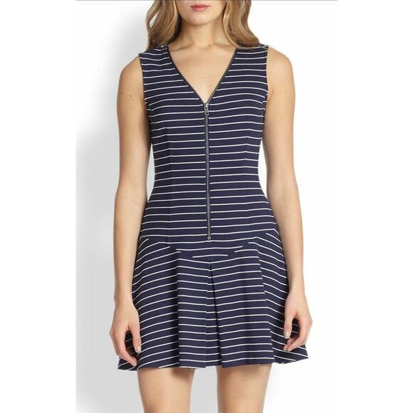 Theory White & Blue Striped Sayidres Fit & Flare Zipper Pleated Dress Women's 8 - Picture 1 of 8